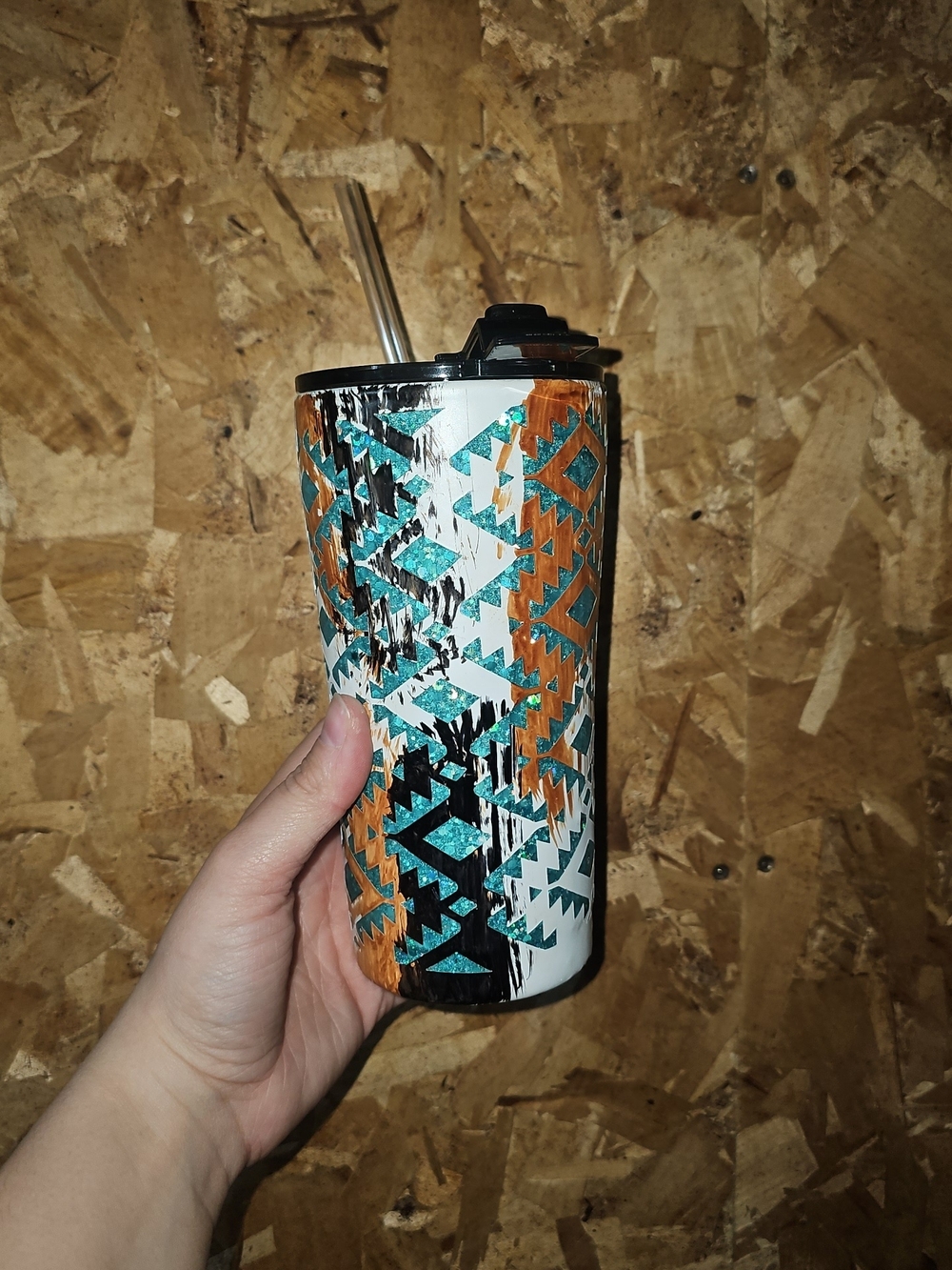 Aztec Pattern Stainless Tumbler with Straw - Teal, Orange, Black 20oz